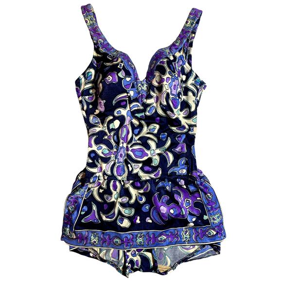 Vintage 70s Mod Perfection Fit by Roxanne Blue Purple Hippie Large Swim Suit - Picture 1 of 9